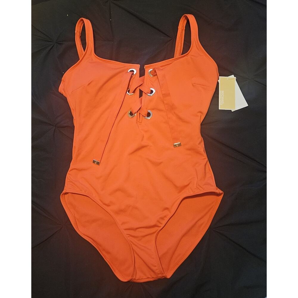 NEW Michael Kors Front Adjustable Ties One-Piece Swimsuit Coral SZ 14 NWT Beach